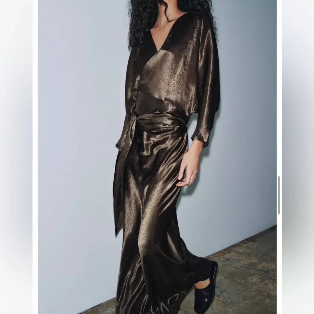 Zara NWT ZW Collection satin effect wrap dress brown 9780/063